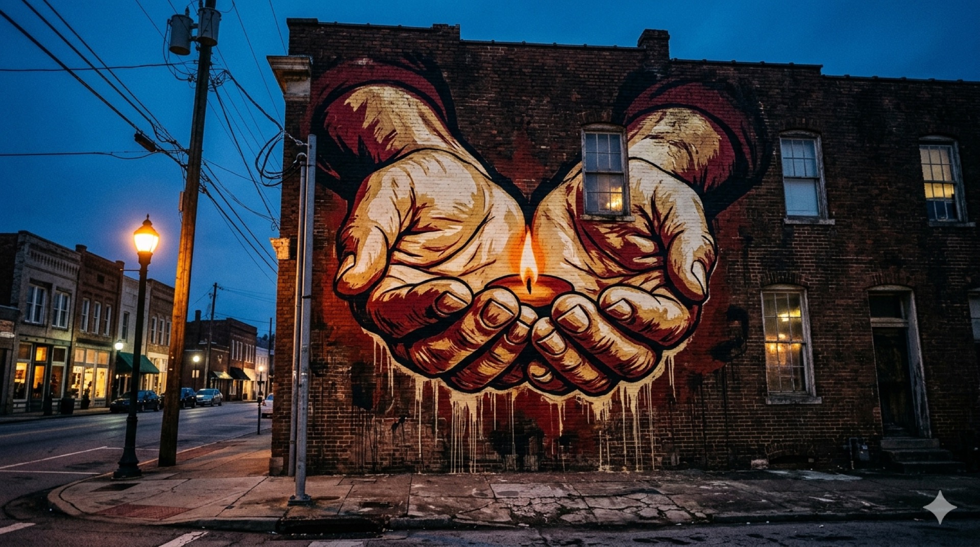 Mural of cupped hands holding a flame, painted on the side of a brick building at dusk
